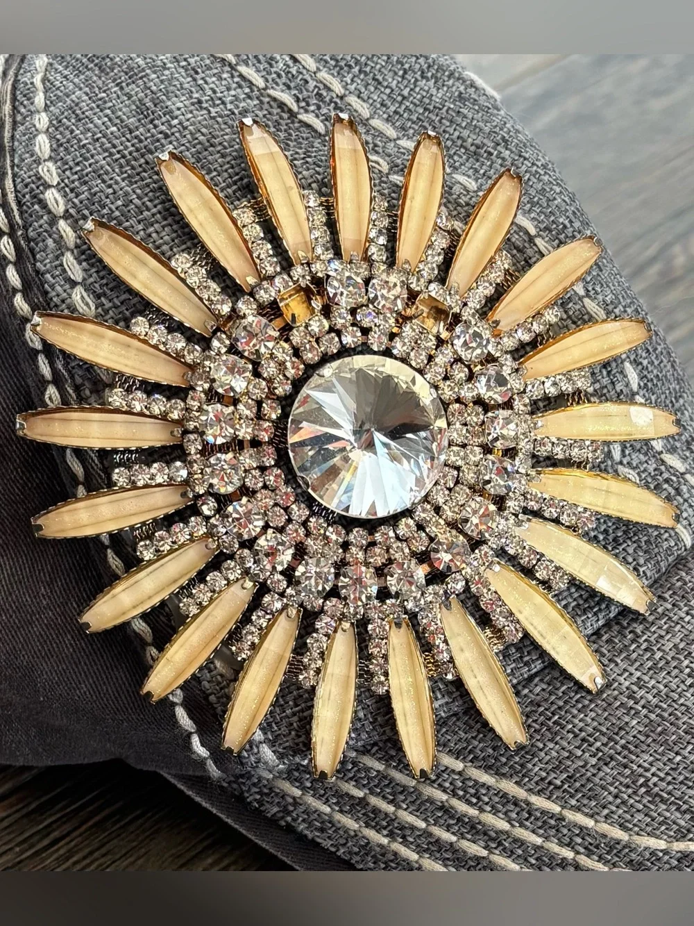 Olive & Pique Rhinestone Flower Baseball Cap Hat Washed Gray Embroidered *Read - Picture 4 of 11